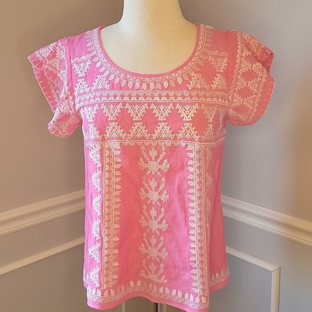 LIZA BYRD‎ Pink White Southwestern Embroidered Boho Cottage Short Sleeve Top S